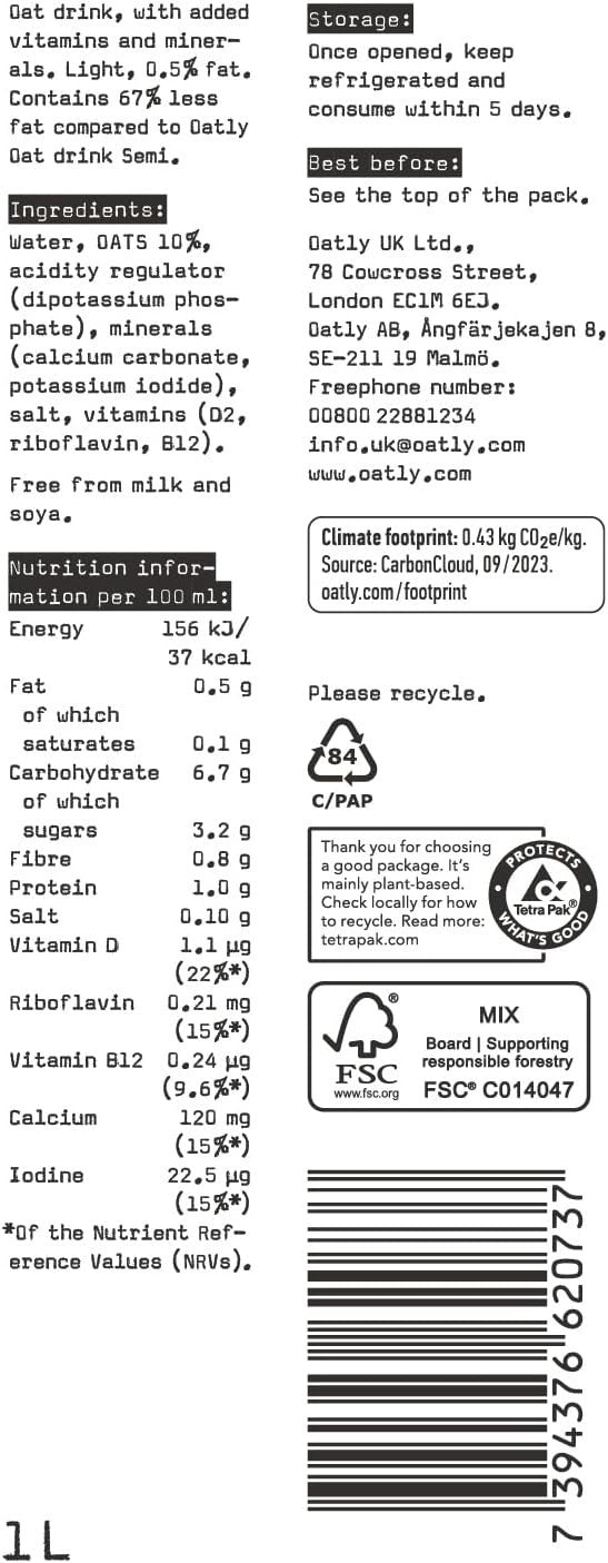 Oatly Light Oat Drink 1L x6 Cartons Vegan Dairy Free No Added Sugar Milk by Oatly