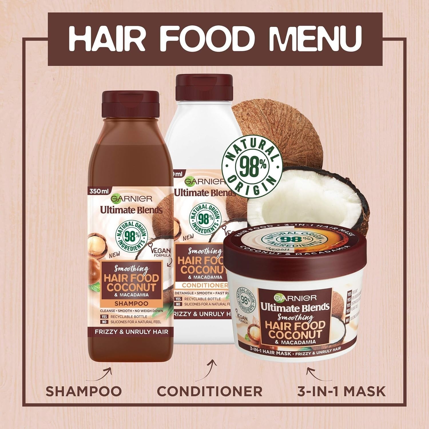 Garnier Ultimate Blends Coconut Shampoo Curly Hair 350ml x6 | Natural Care by Garnier