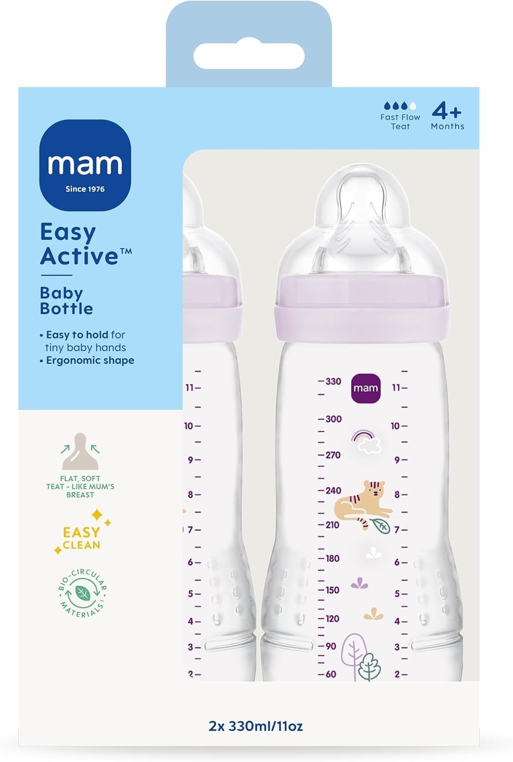 MAM Easy Active Bottles 330ml 2 Pack | Fast Flow Teats Size 3 | Lilac BPA Free by MAM