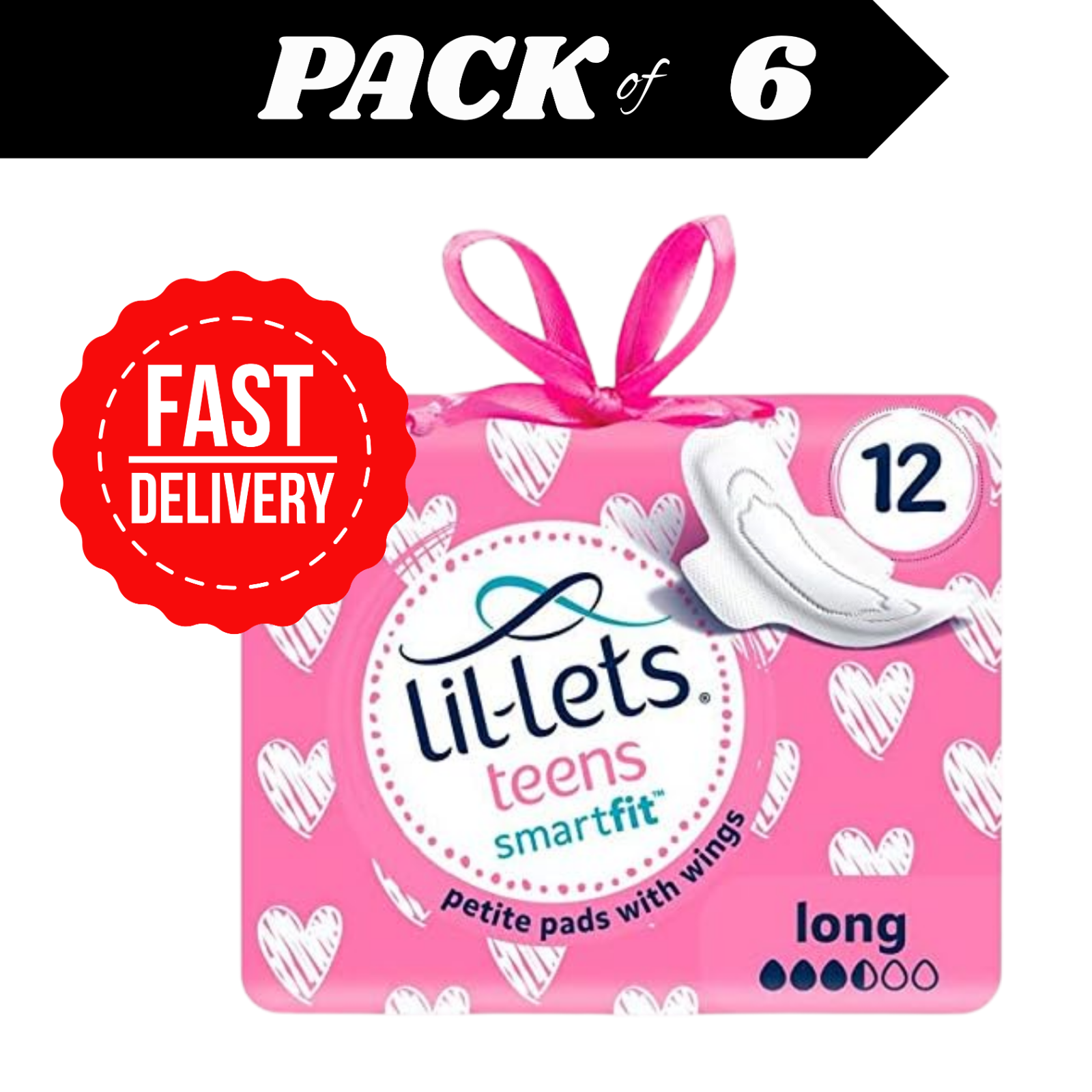 Lil-Lets Teens Long Towels with Wings Pack of 6 (72 Pads) Fragrance Free by Lil-Lets
