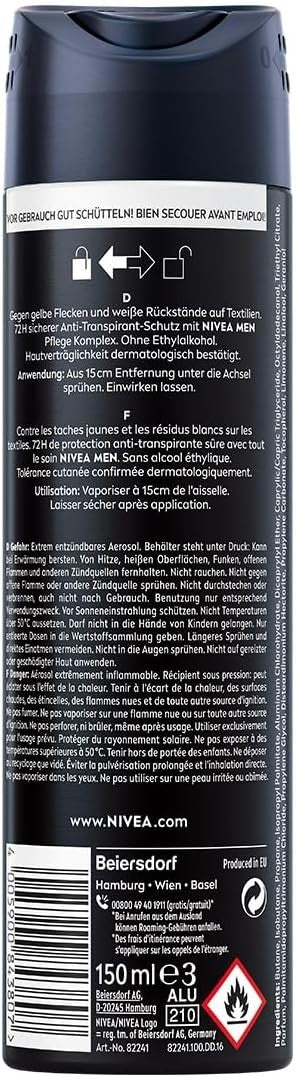 NIVEA Men Black & White Invisible Deodorant Spray 200ml x6 | 72H Anti-Perspirant by Nivea Men