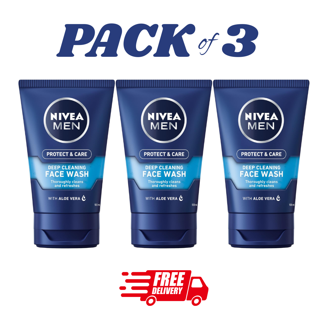 NIVEA Men Deep Cleaning Face Wash 150ml Aloe Vera Cleanser Pack of 3 by Nivea Men