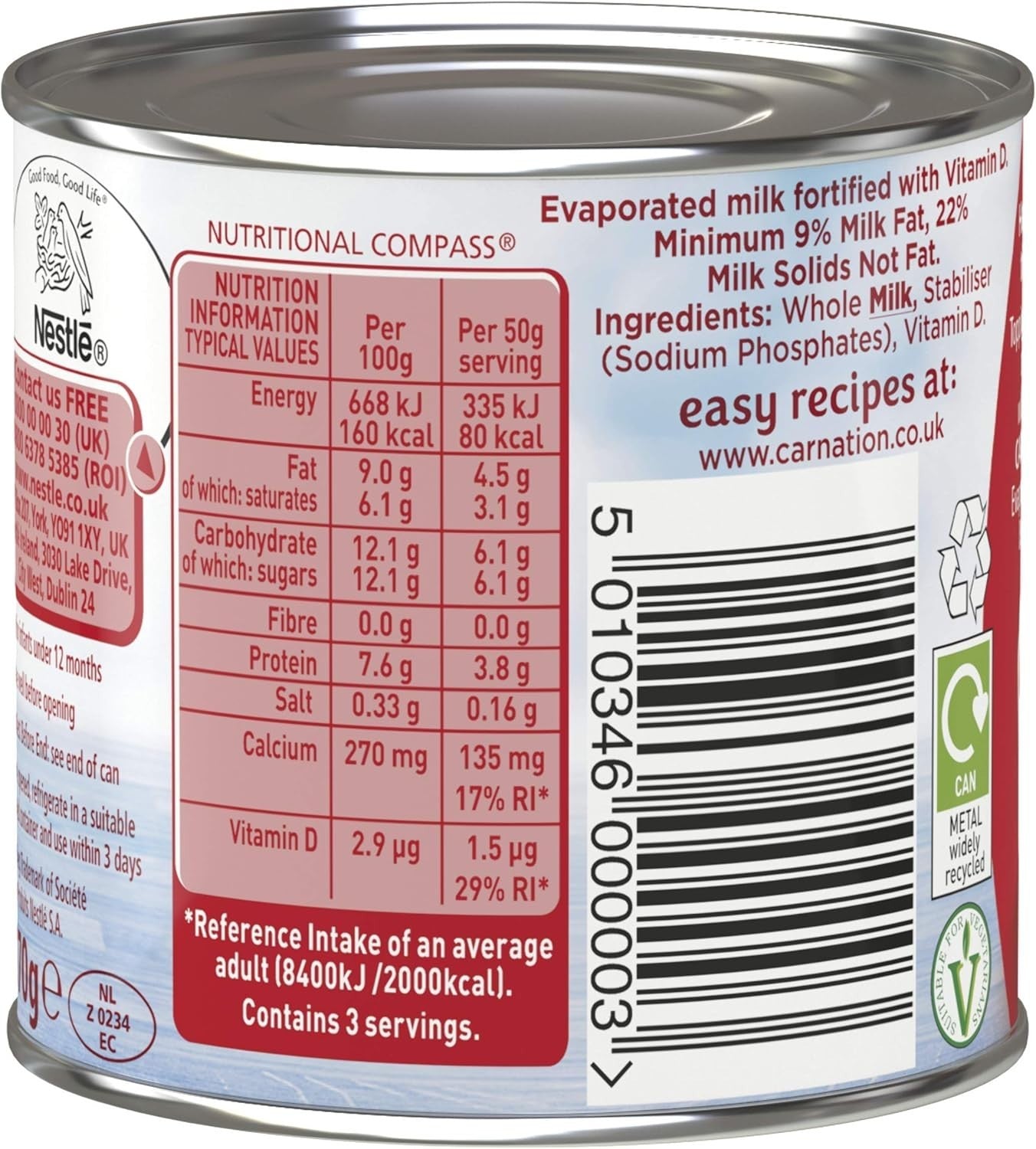 Carnation Evaporated Milk 170g Tins (Pack of 24) | Dessert & Baking Topping by Carnation