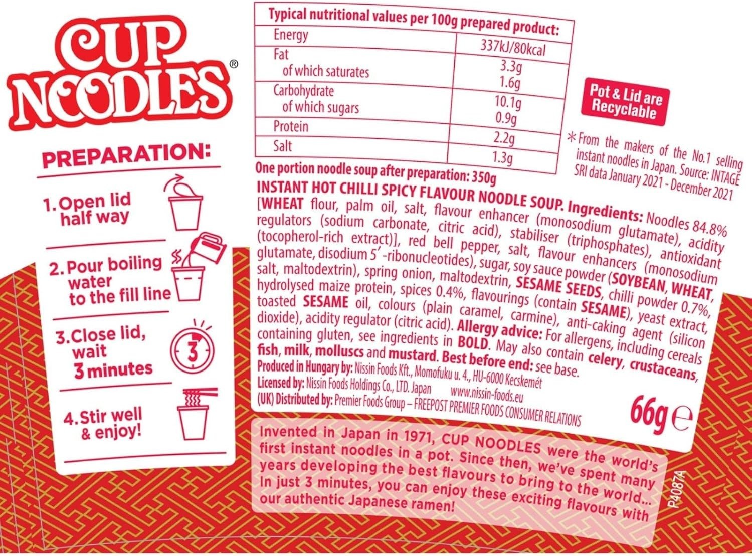 NISSIN Cup Noodles Hot Chilli Flavour 85g Pot (Pack of 7) | Instant Spicy Noodle by Nissin