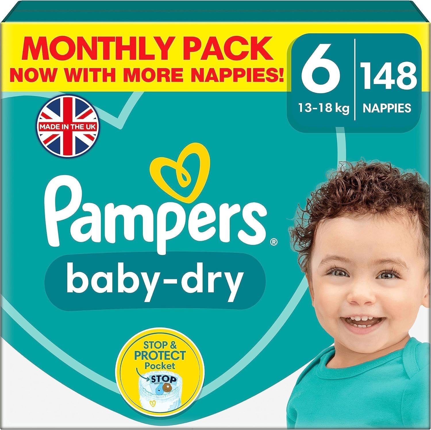 Pampers Baby-Dry Nappies Size 6, 148 Count 13-18kg Leak-Free Nights by Pampers
