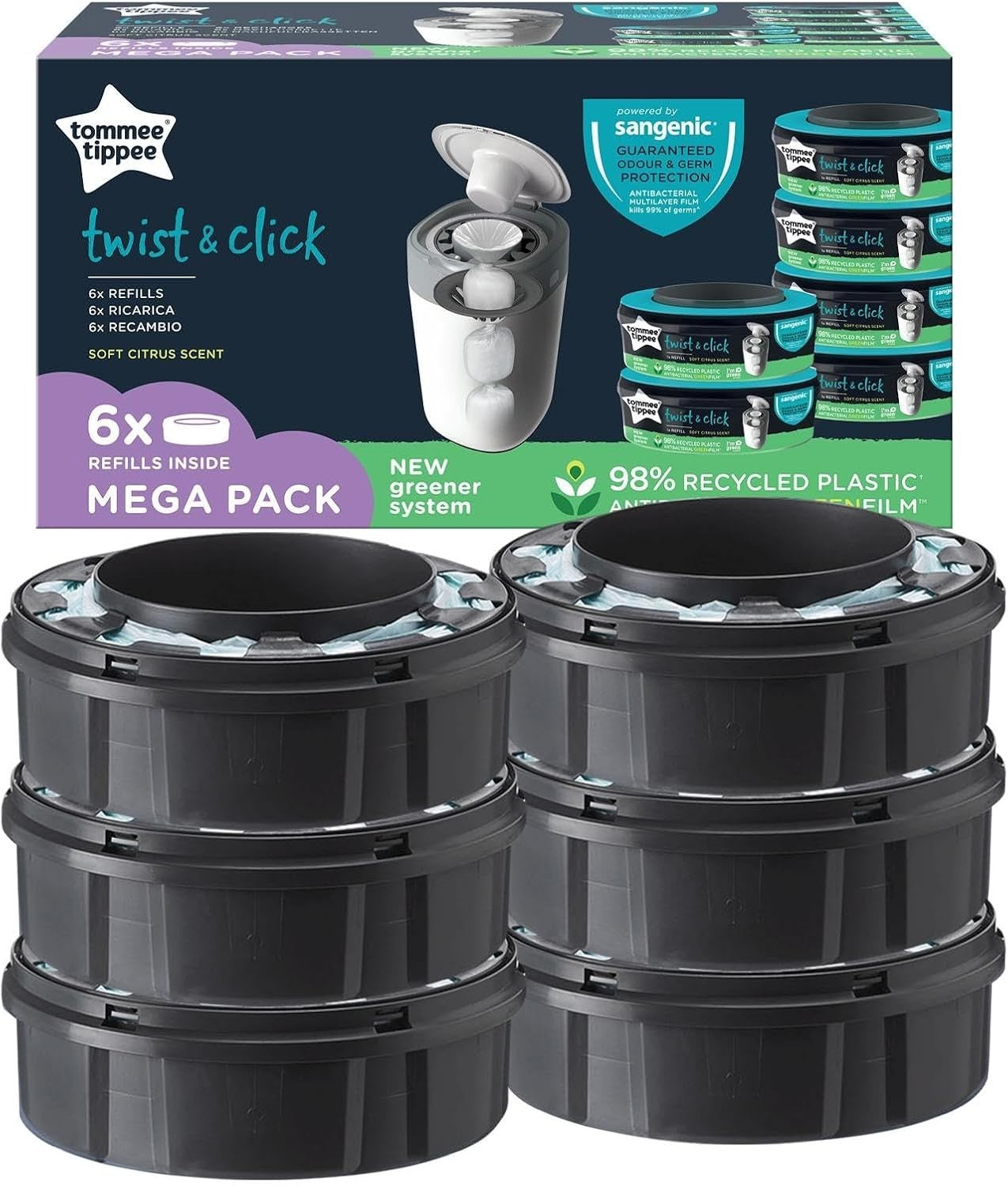 Tommee Tippee Twist & Click Nappy Bin Refills 6pk | Sangenic Tec Compatible by Tommee Tippee