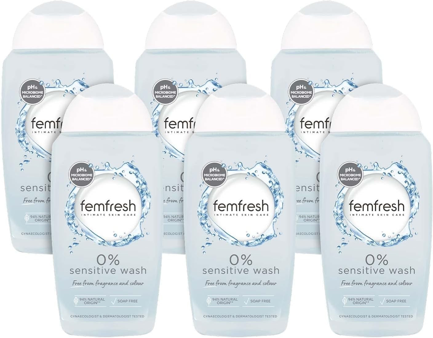Femfresh 0% Sensitive Intimate Wash 250ml Pack of 6 pH Balanced Vegan Cleanser by femfresh