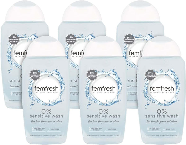Femfresh 0% Sensitive Intimate Wash 250ml Pack of 6 pH Balanced Vegan Cleanser