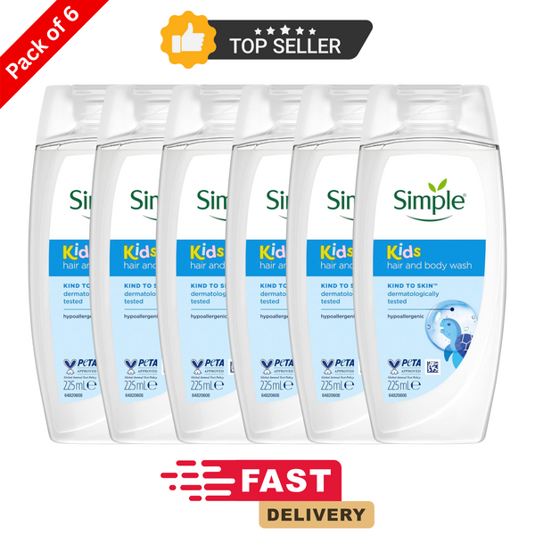 Simple Kids Hair & Body Wash 225ml x6 | Hypoallergenic Chamomile Oil Gel