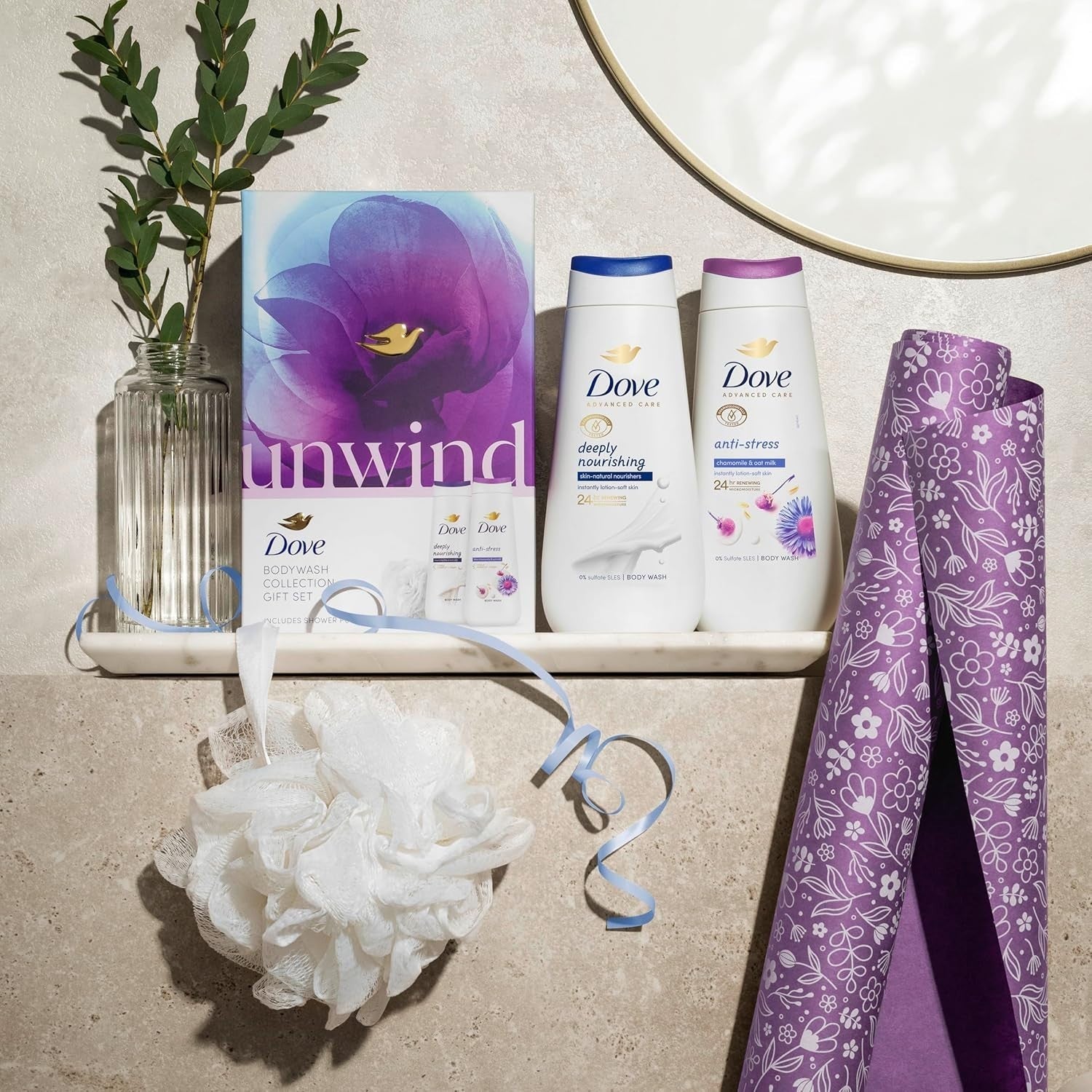 Dove Unwind Body Wash Gift Set with Luxury Shower Puff | Women’s Skincare 2pc by Dove