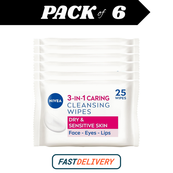NIVEA 3in1 Caring Cleansing Wipes 25s Pack of 6 | Makeup Remover for Dry Skin