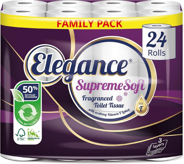 Elegance Supreme Soft Toilet Roll | Bulk Buy 1 Pack x 24 Rolls | Strong & Gentle