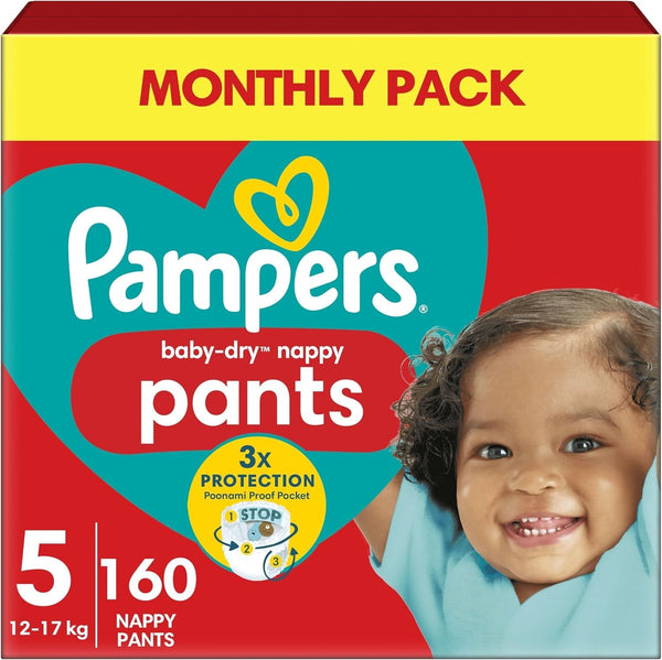 Pampers Baby-Dry Nappy Pants Size 5 (160 Count) – Monthly Pack, 12–17kg Babies