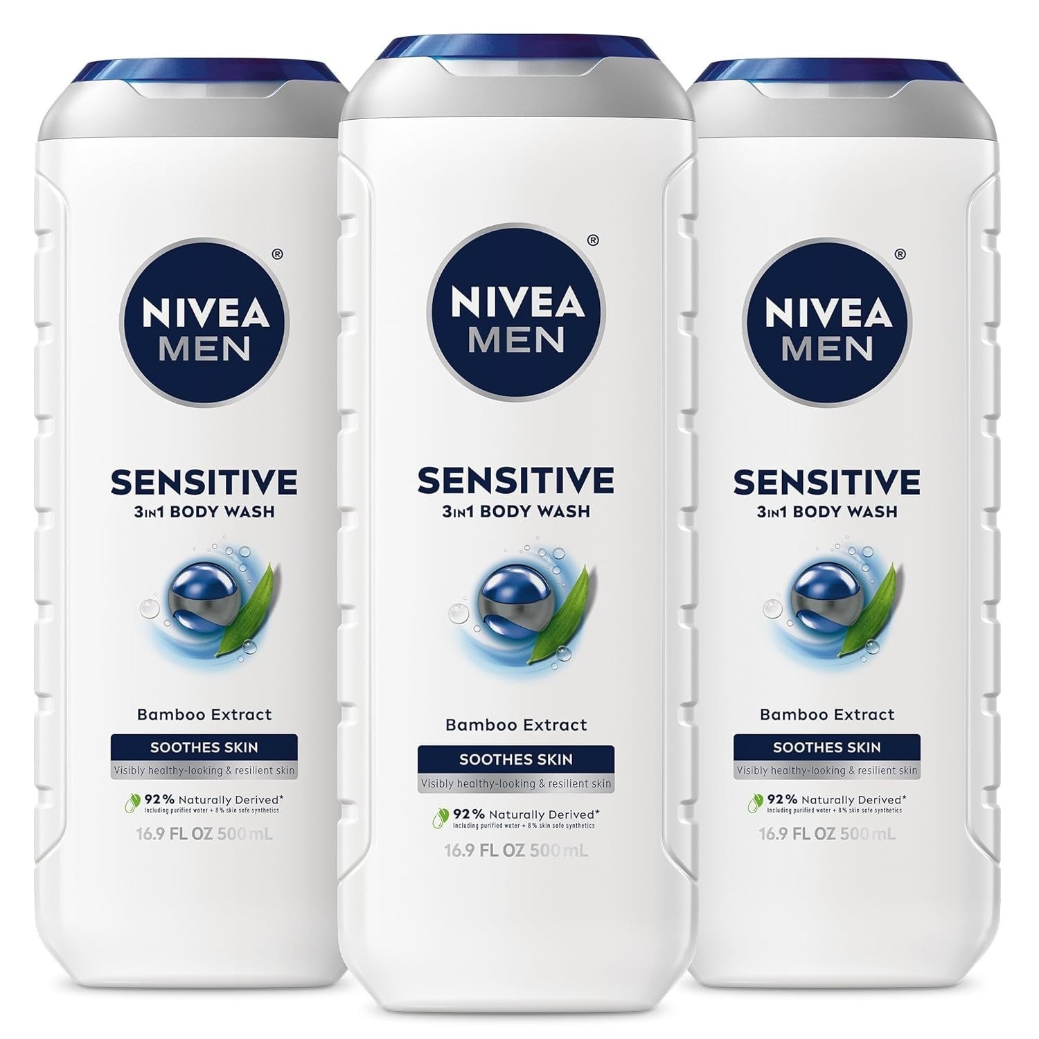 NIVEA Men Sensitive 3-in-1 Body Wash 16.9 fl oz (Pack of 3) – Cleanses & Soothes by NIVEA