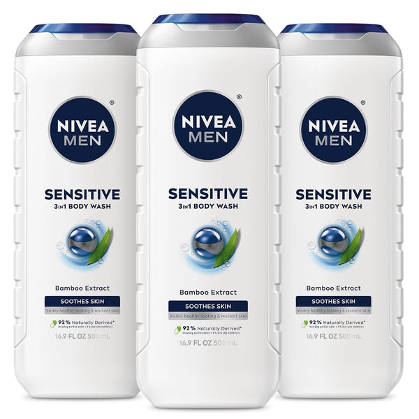 NIVEA Men Sensitive 3-in-1 Body Wash 16.9 fl oz (Pack of 3) – Cleanses & Soothes