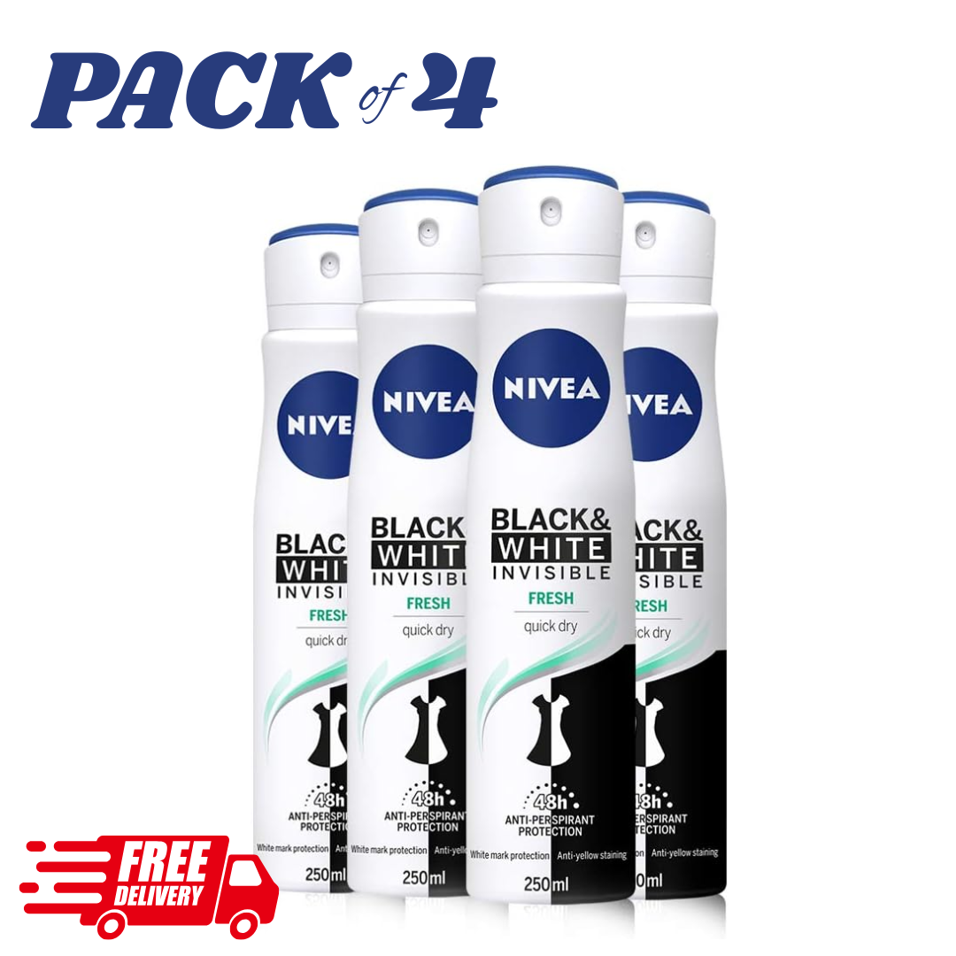 NIVEA Black & White Invisible Fresh Deodorant Spray 250ml x4 Women 48H by NIVEA