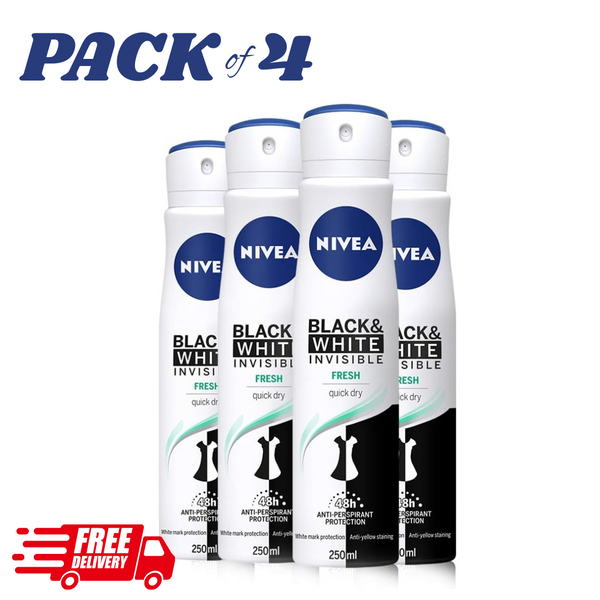 NIVEA Black & White Invisible Fresh Deodorant Spray 250ml x4 Women 48H