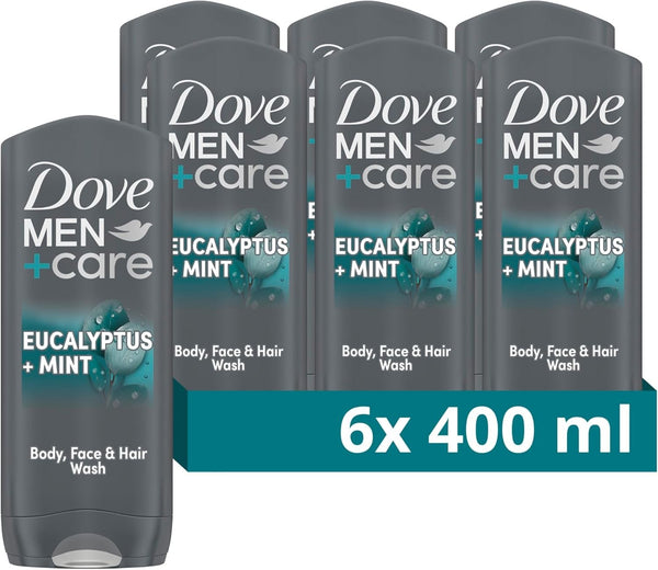 Dove Men+Care 3-in-1 Hair Body Face Wash 400ml Pack of 6 Eucalyptus & Mint