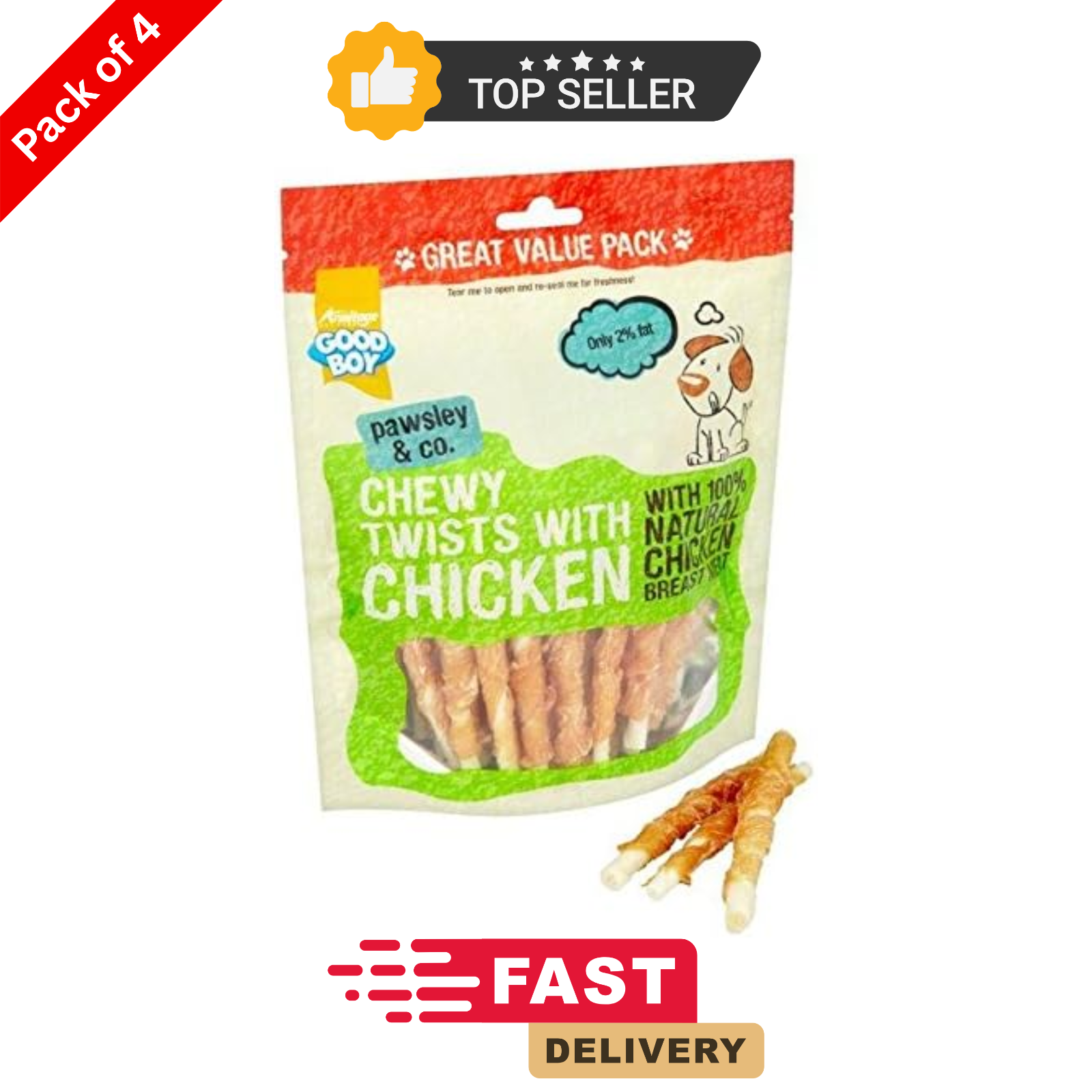 Good Boy Chewy Chicken Twisters Dog Treats 320g Low Fat Sticks Pack of 4 by GoodBoy