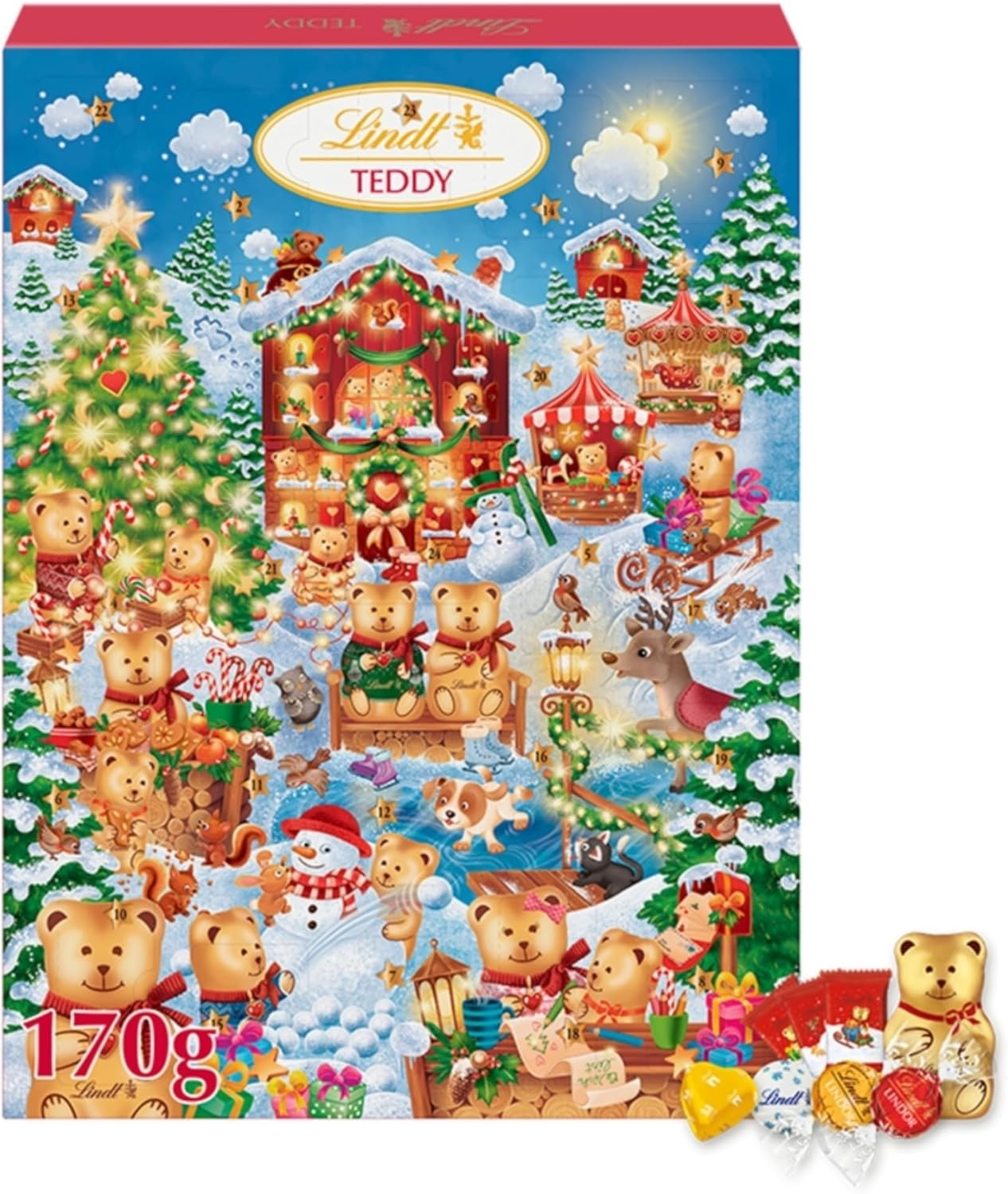 Lindt Lindor Teddy Advent Calendar 2024 170g | 24 Milk & White Xmas Chocolates by Lindt