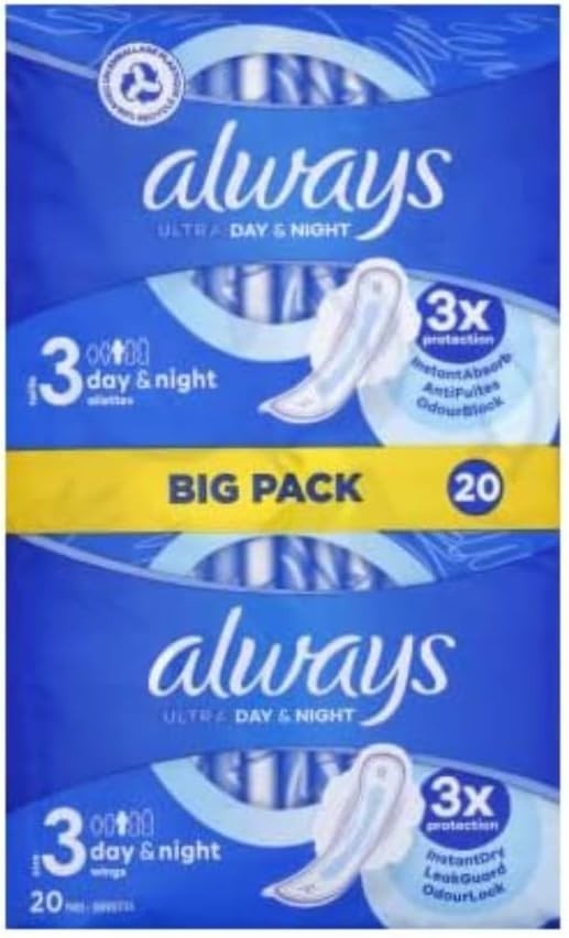 Always Ultra Day & Night Sanitary Pads Size 3 With Wings 20 Count Pack by Always