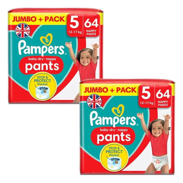 Pampers Baby Dry Nappy Size 5 12-17Kg Jumbo+ Pack 2x64 Leak-Proof Pants