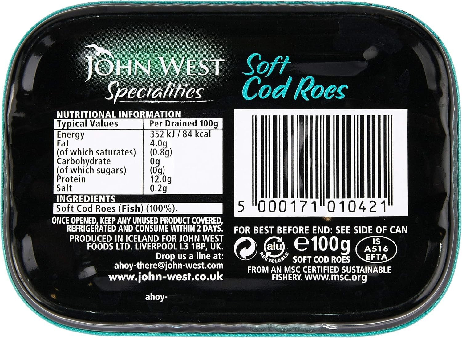 John West Soft Cod Roes 100g Tins (Pack of 12) – Premium Quality Canned Fish by John West