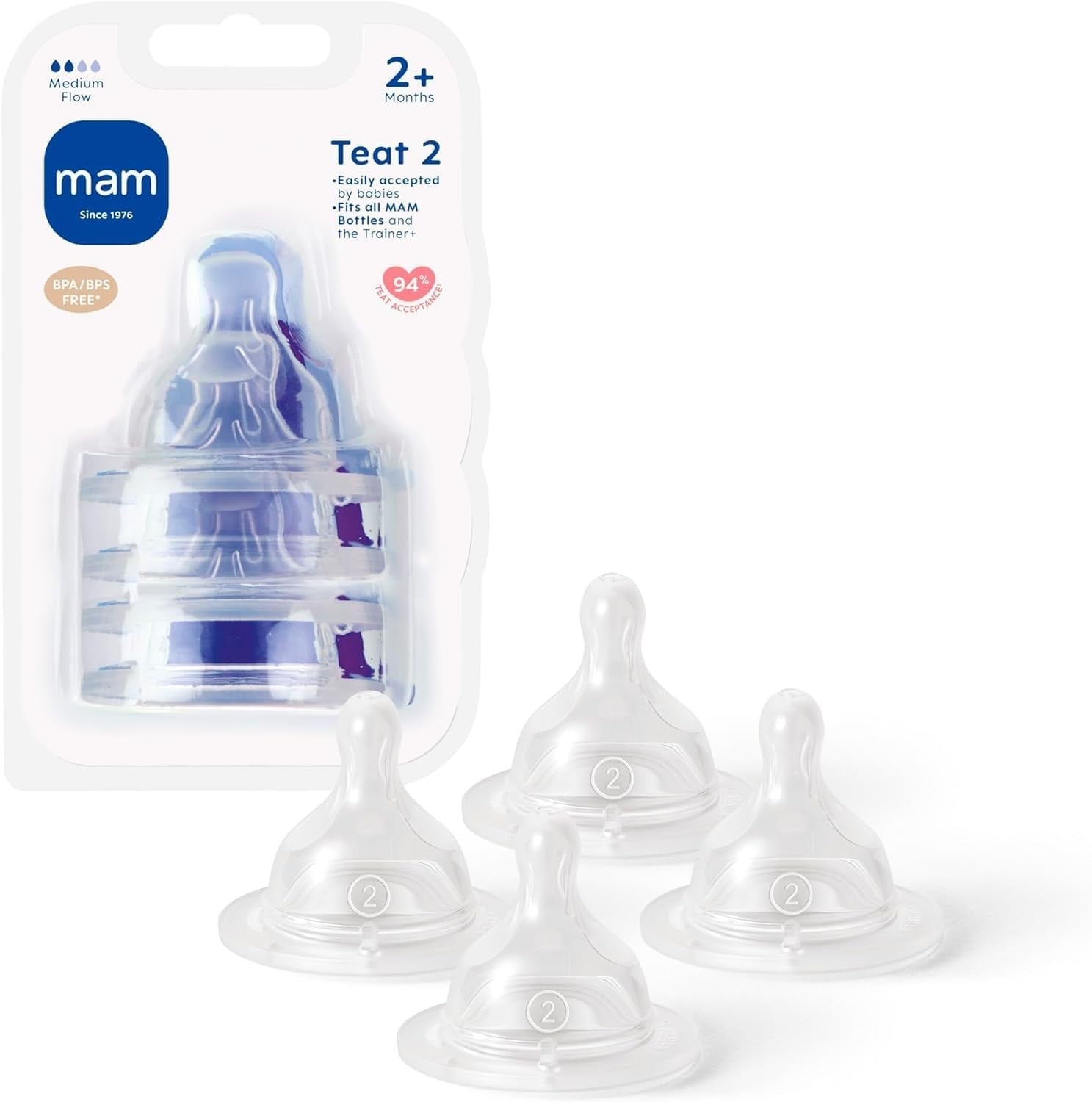MAM Teats Size 2 Medium Flow | 4 Pack Silicone Nipples | Fits All MAM Bottles by MAM
