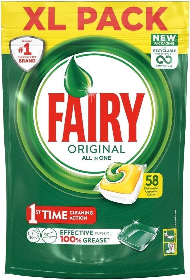 Fairy All In One Dishwasher Tablets Lemon 58 Pack | Powerful Grease Cleaning by Fairy
