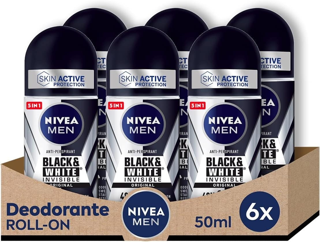 NIVEA Men Black & White Invisible Roll On Deodorant 6x50ml 72h Anti-Perspirant by Nivea Men