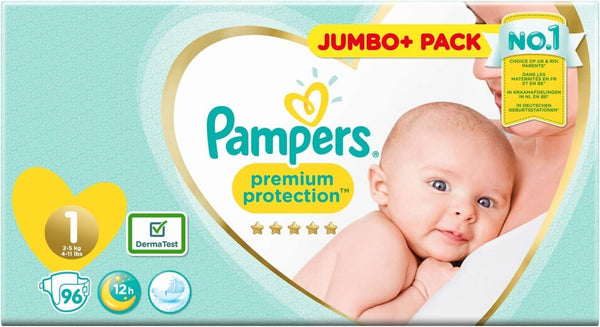 Pampers Premium Protection Nappies Size 1, 96 Count, Infant Diapers, White