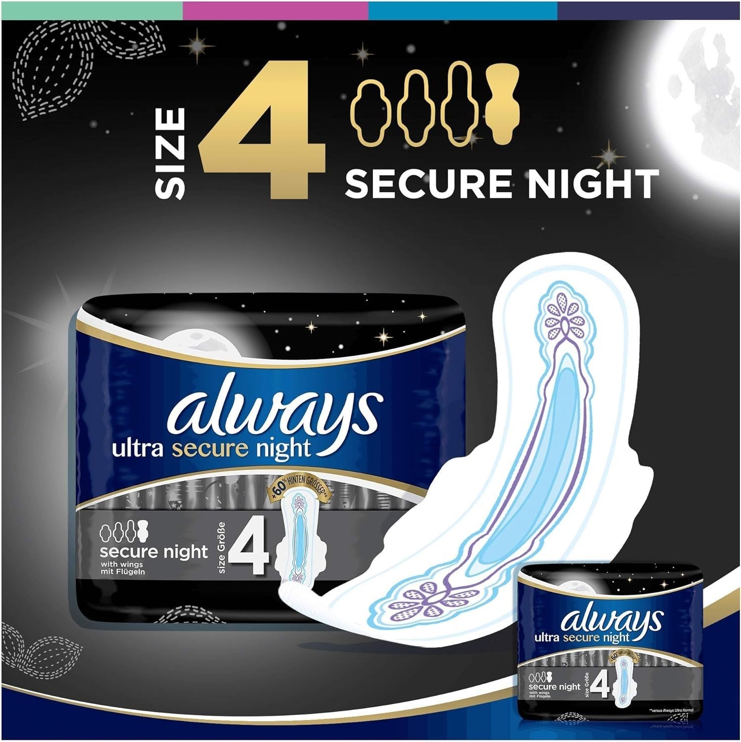 Always Ultra Secure Night Pads Size 4 With Wings 18 Pack Sanitary Protection by Always