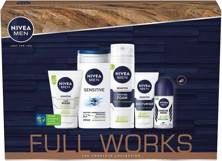 NIVEA Men Full Works Gift Set 5 Piece | Sensitive Skin Care & Grooming Kit by Nivea Men