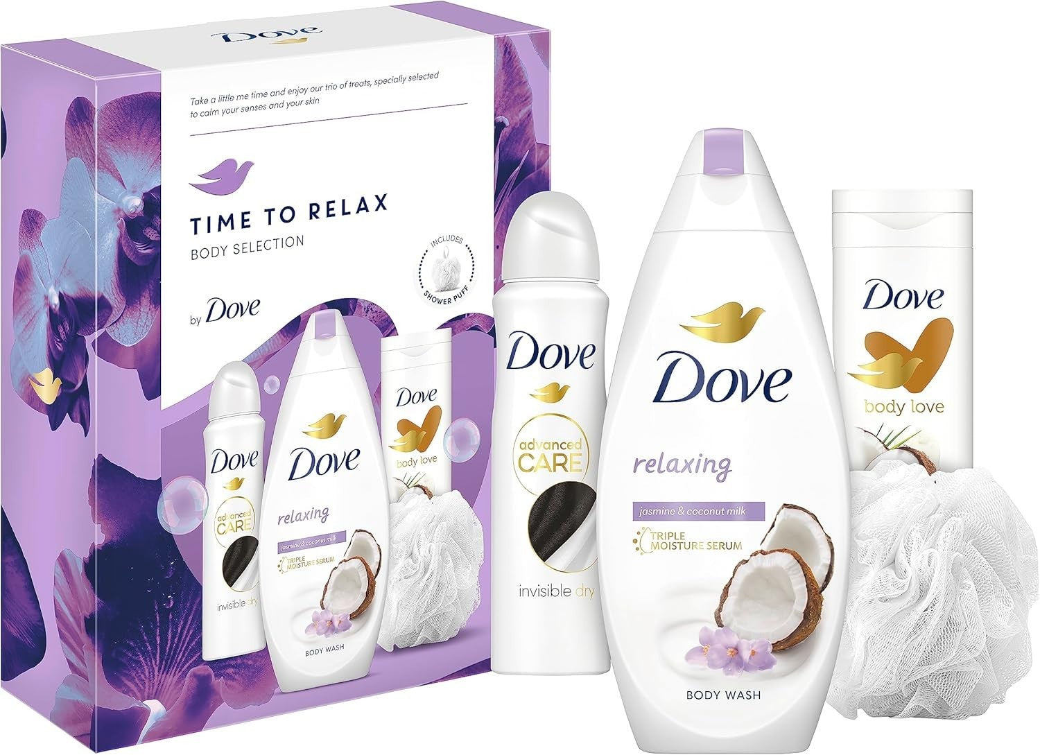 Dove Time To Relax Body Gift Set for Women 3 Piece with Luxury Shower Puff by Dove