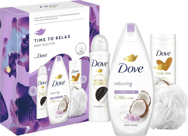 Dove Time To Relax 3 Piece Gift Set With Luxury Shower Puff
