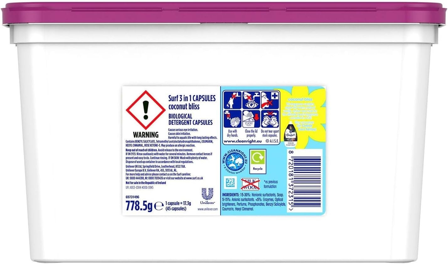 Surf 3 in 1 Laundry Capsules Coconut Bliss XL Pack 45 Washes (2 Pack) Bulk Buy by Surf