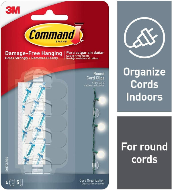 Command Round Cable Clips Clear Self Adhesive Hooks 6 Pack