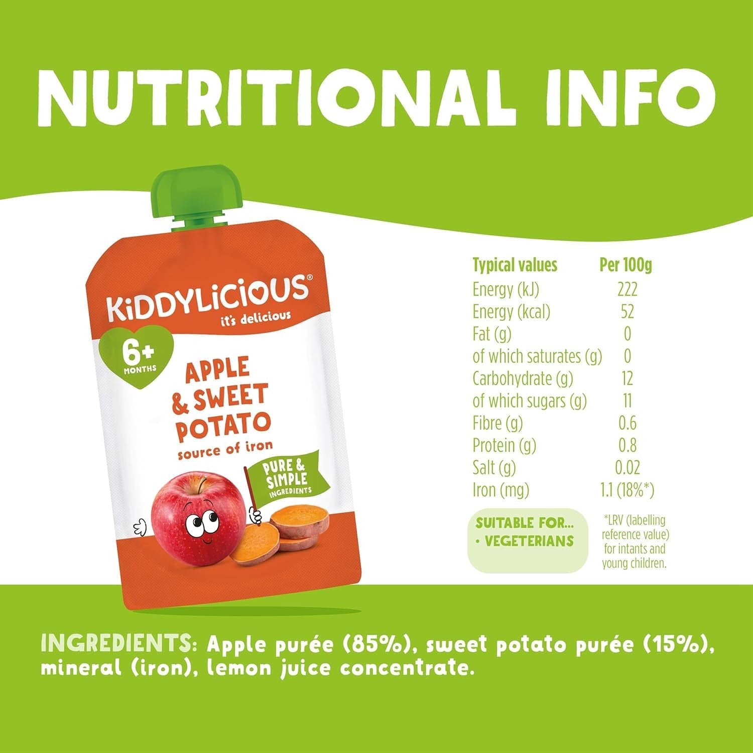 Kiddylicious Apple & Sweet Potato Baby Food Pouches 100g x6 | 6+ Months | Vegan by Kiddylicious