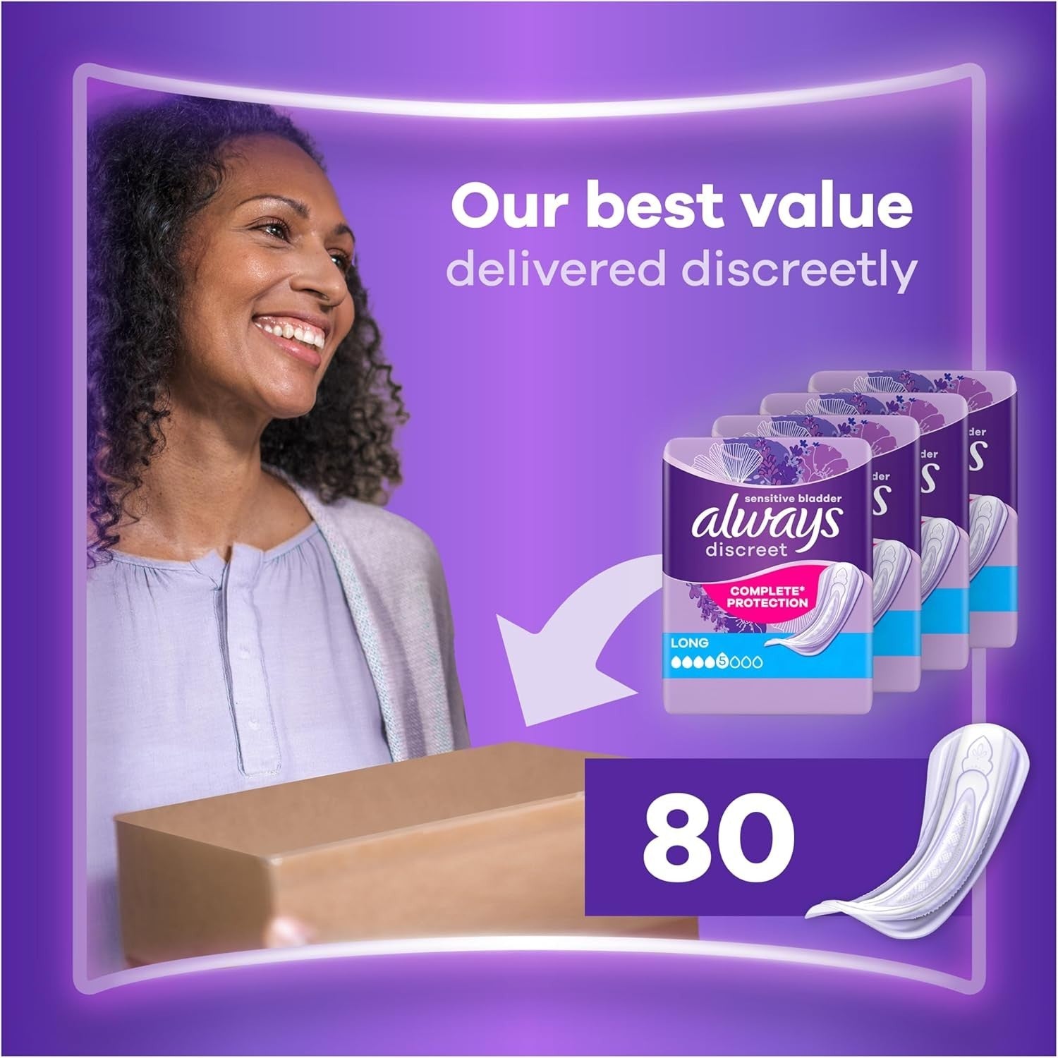 Always Discreet Incontinence Pads Long 80 Pack | Odour Free High Absorbency by Always Discreet