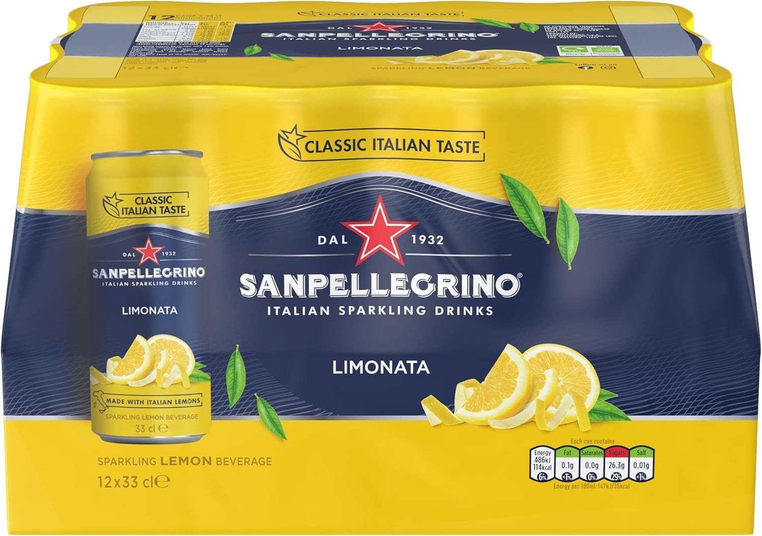 San Pellegrino Sparkling Lemon Drink 12x330ml Cans Classic Italian Soft Drink by San Pellegrino