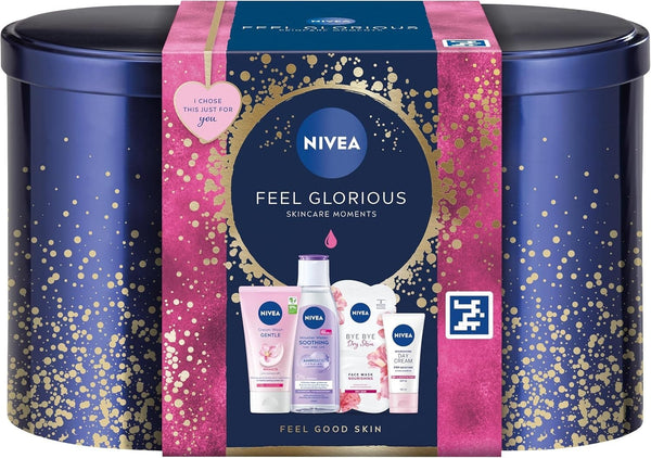 NIVEA Feel Glorious Women’s Skincare Gift Set 5pc Micellar Water Mask Cream Tin