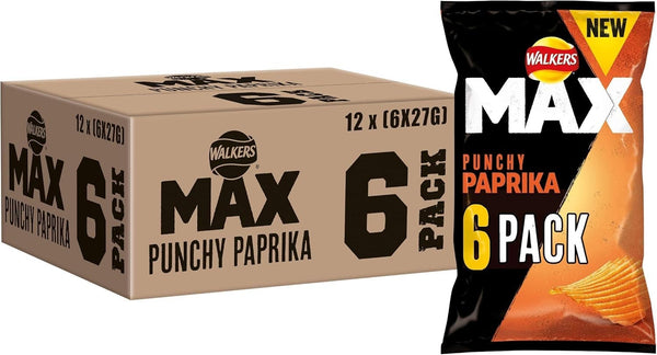 Walkers Max Paprika Crisps 6x27g Pack of 12 | Vegetarian Potato Snack UK