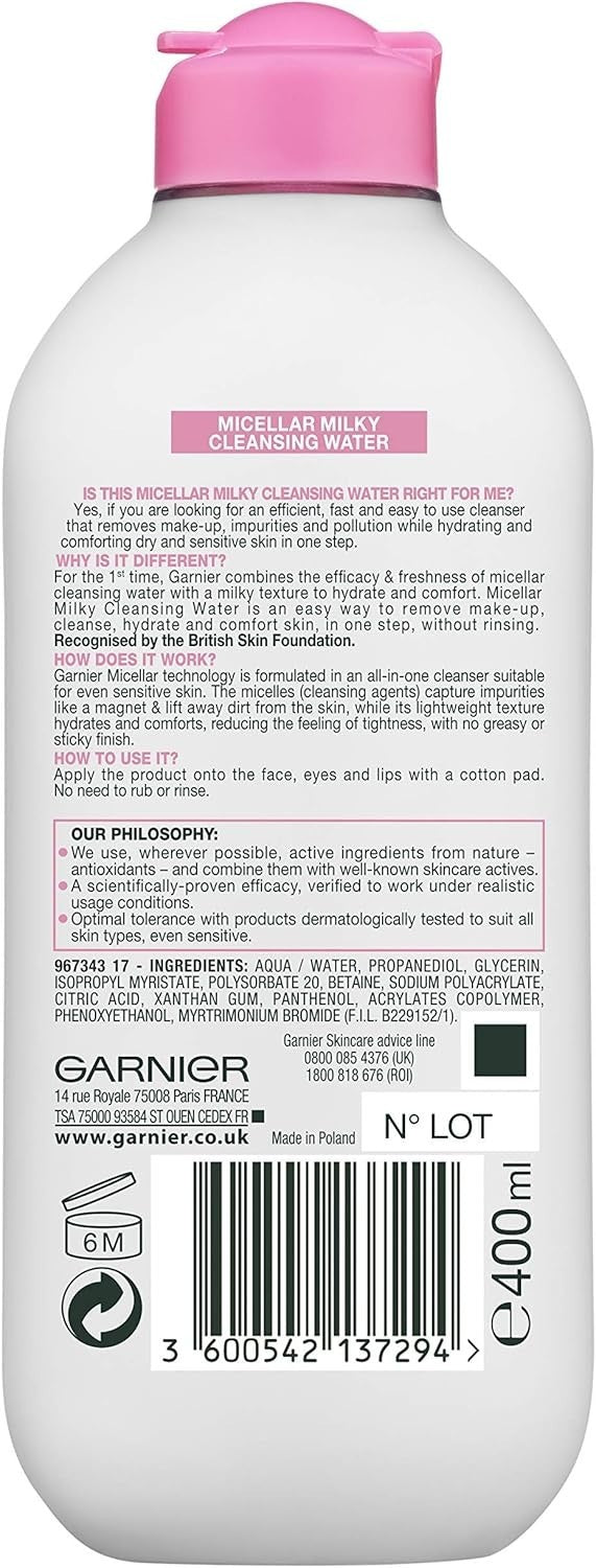 Garnier Micellar Milky Cleansing Water 400ml | Vegan Face Cleanser & Hydration by Garnier