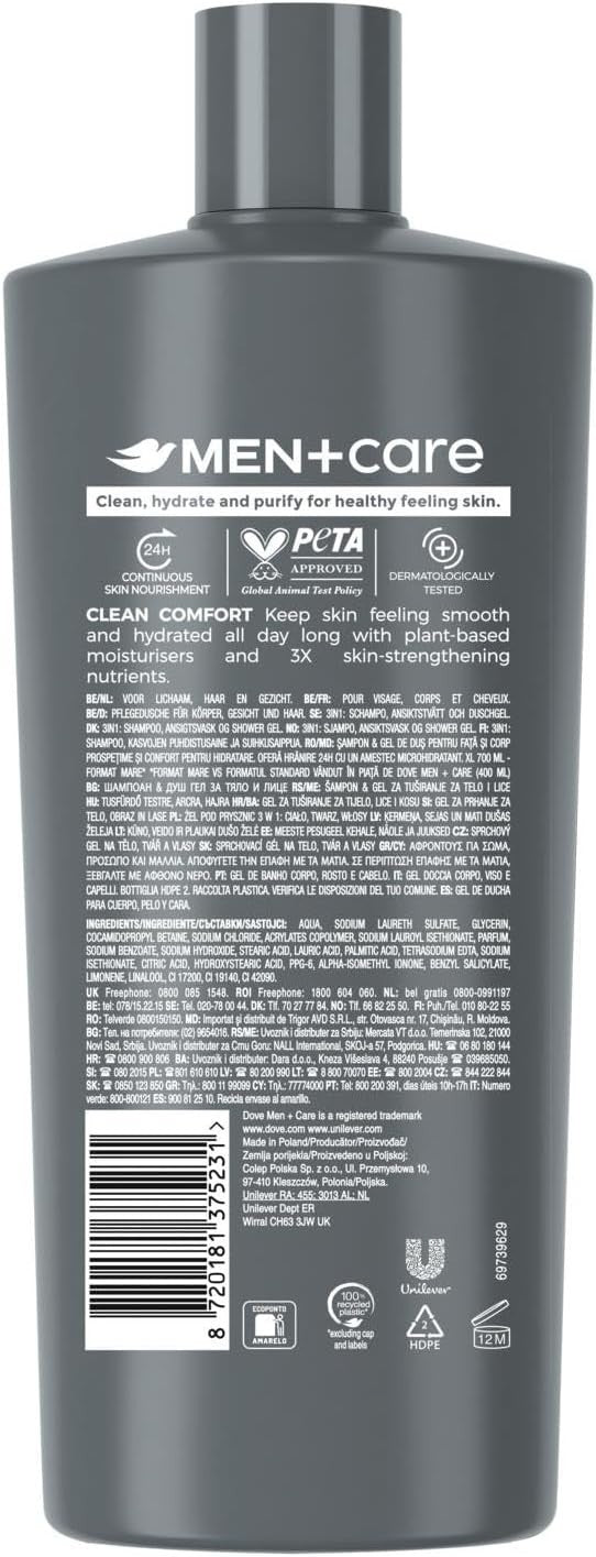 Dove Men+Care 3-in-1 Body Face Hair Wash 700ml x3 | Hydrating Clean Comfort by DOVE MEN + CARE