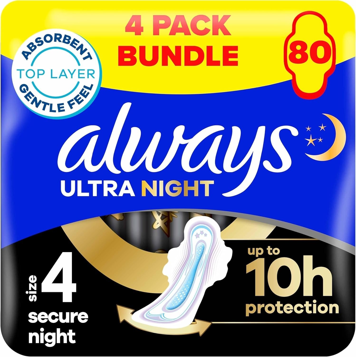 Always Ultra Secure Night Sanitary Towels Size 4 with Wings 20 Pads, Super Absor by Always