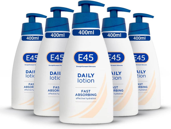 E45 Daily Lotion 400ml Pack of 5 | Perfume Free Body Face Hand Moisturiser