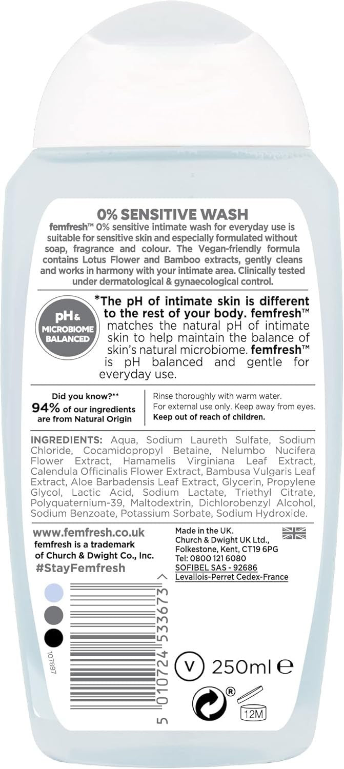 Femfresh 0% Sensitive Intimate Wash 250ml Pack of 6 pH Balanced Vegan Cleanser by femfresh