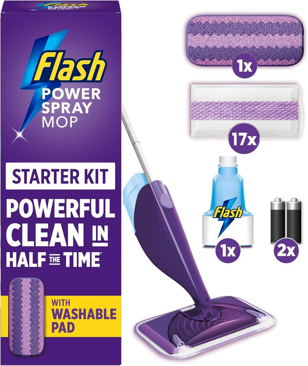 Flash Power Spray Mop Starter Kit with 1 Washable & 17 Disposable Pads, Floor