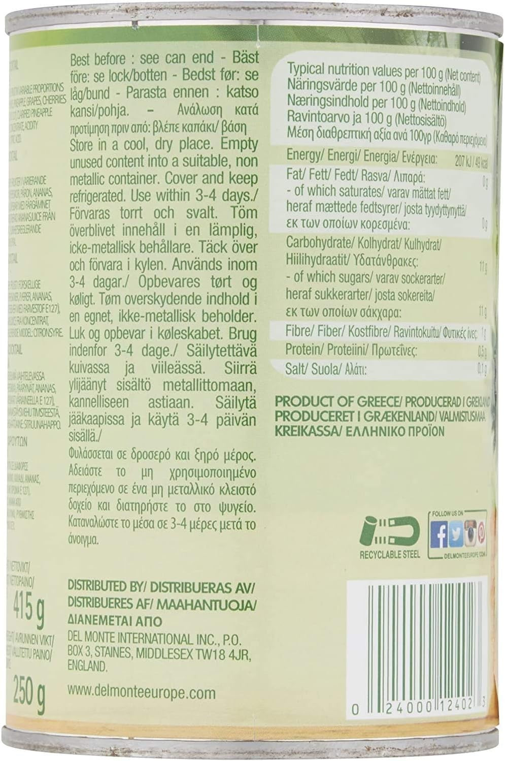 Del Monte Fruit Cocktail in Juice 415g x12 Cans No Added Sugar Tinned Fruit by Del Monte