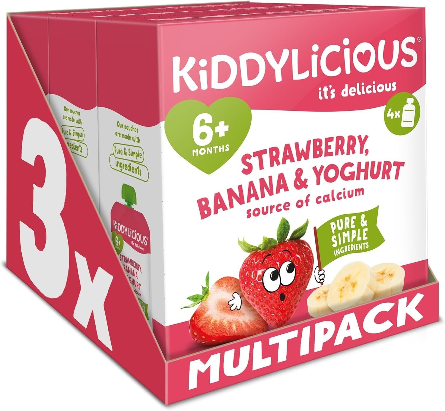 Kiddylicious Strawberry & Banana Yoghurt Pouches 3x4 Pack | Babies 6+ Months by Kiddylicious